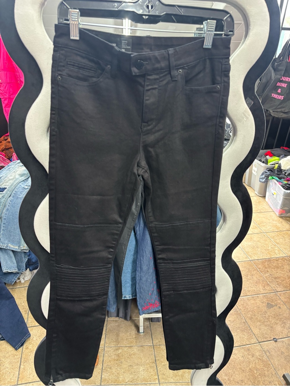 ARMANI EXCHANGE,Black Skinny Moto Jeans with Ribbed Knee Panels